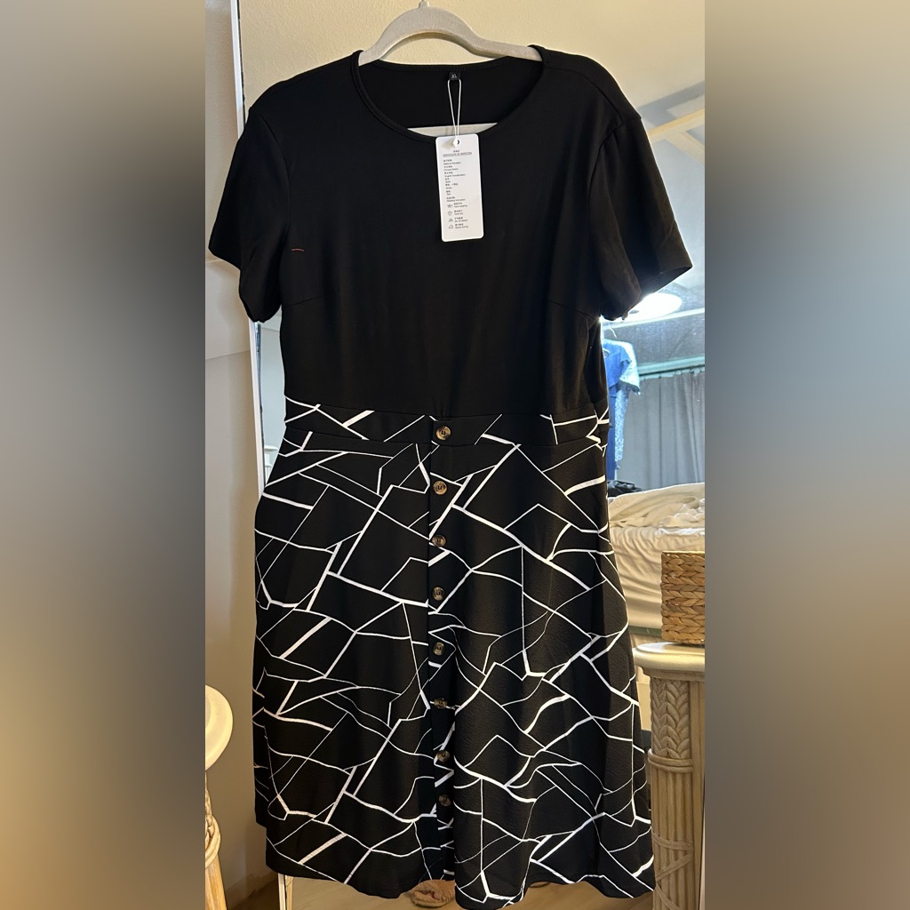 New Black Short Sleeve Colorblock Knee-Length Midi A-Line Casual Swing Dress Xl